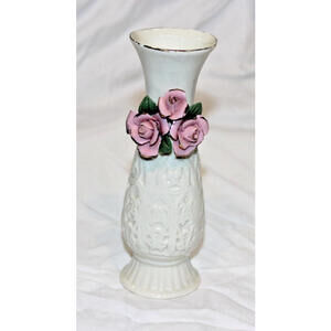 Vintage Ceramic 6.75” Bud Vase Reed Diffuser 3D Roses Gold Trim Rim & Roses